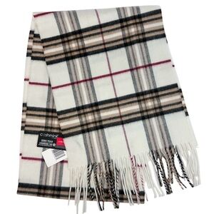 Cashmink New Plaid Long Wrap Scarf with Fringe - Ivory Cream